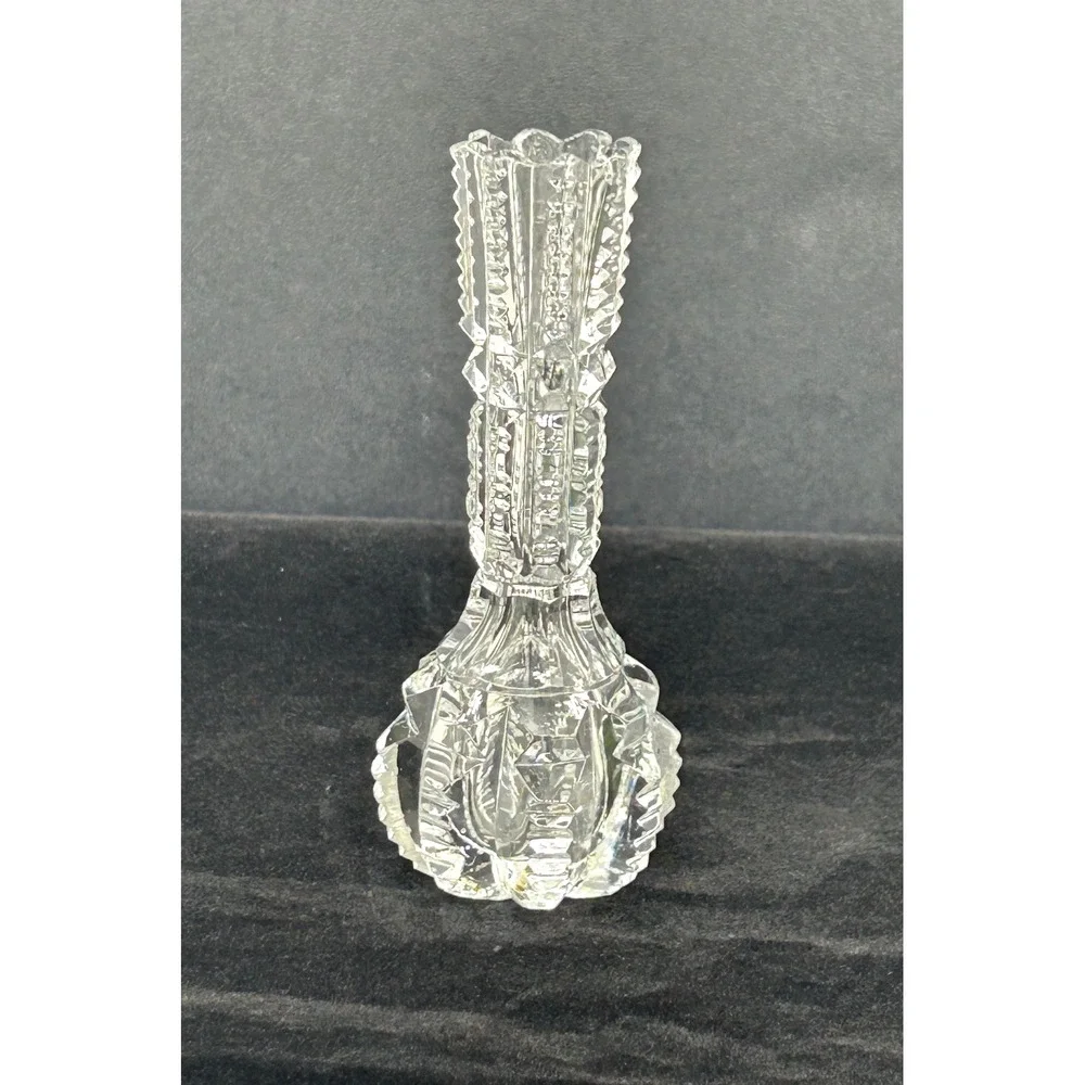 Vintage Clear Pressed Glass Bud Vase Sawtooth Rim Geometric Pattern 4.25 Inch